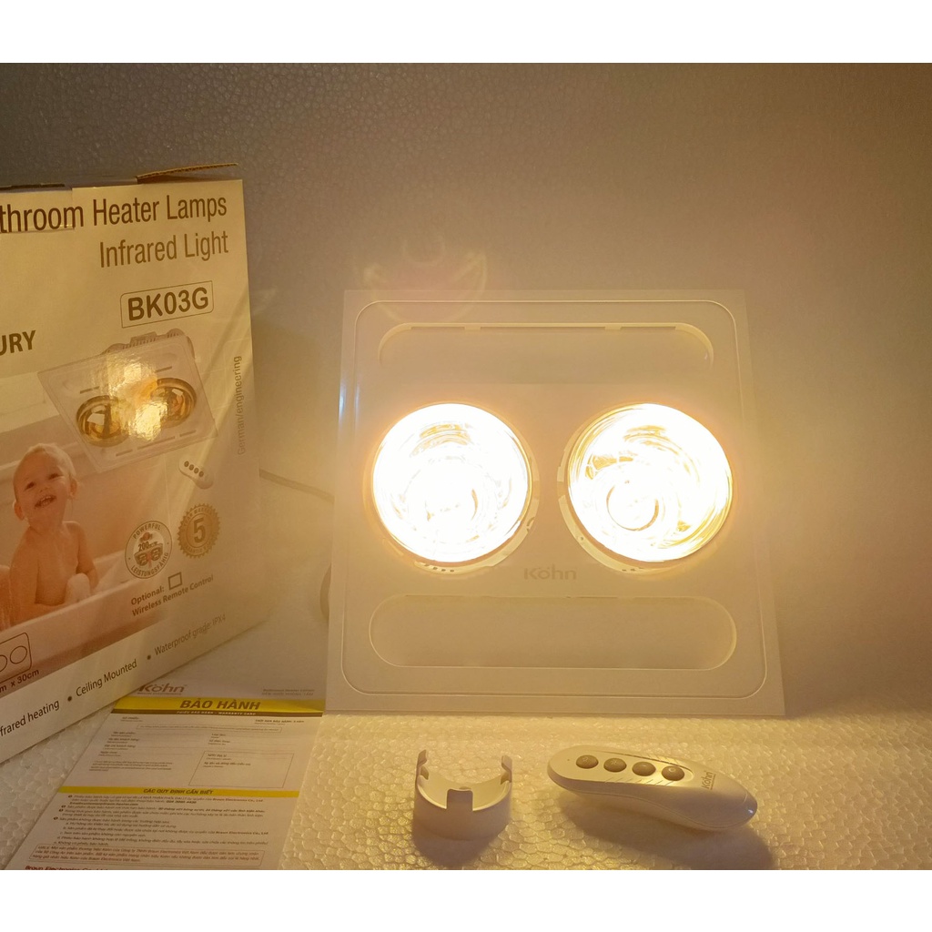Đèn sưởi nhà tắm 2 bóng lắp đặt âm trần Kohn BK-03GR bảo hành 5 năm