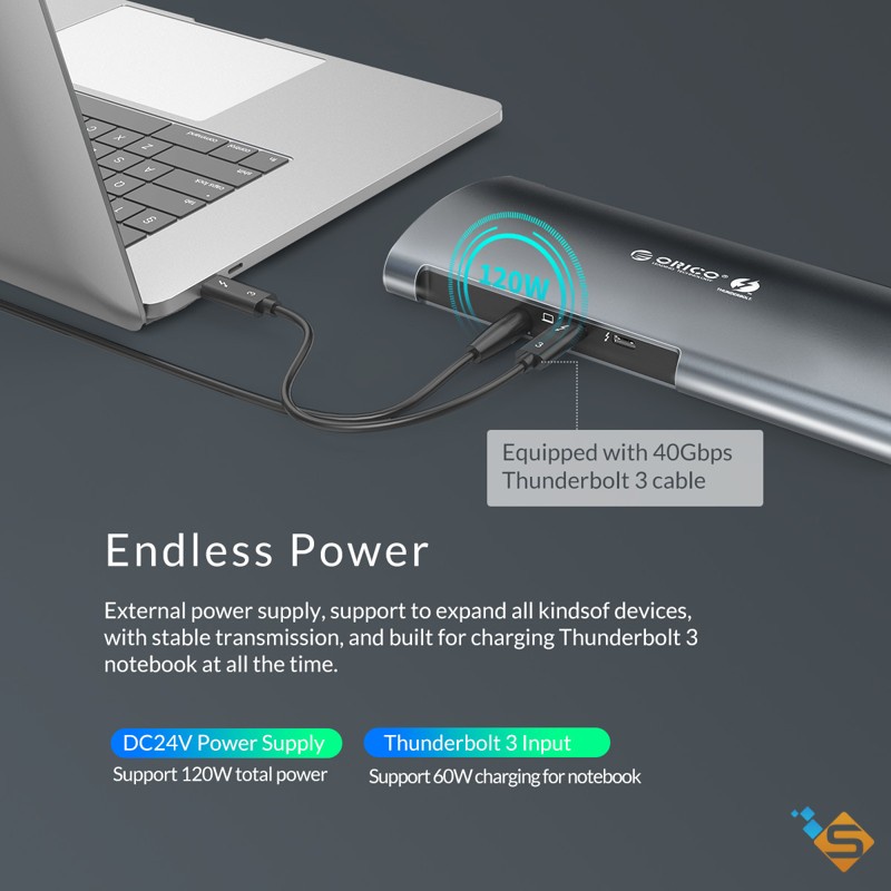 Bộ Chia (Docking) ORICO 8 Trong 1 TB3-S1 Thunderbolt 3 USB 3.0 USB-C DP 3K RJ-45 TF/SD Dùng Cho MacBook - Bảo Hành 1 Năm