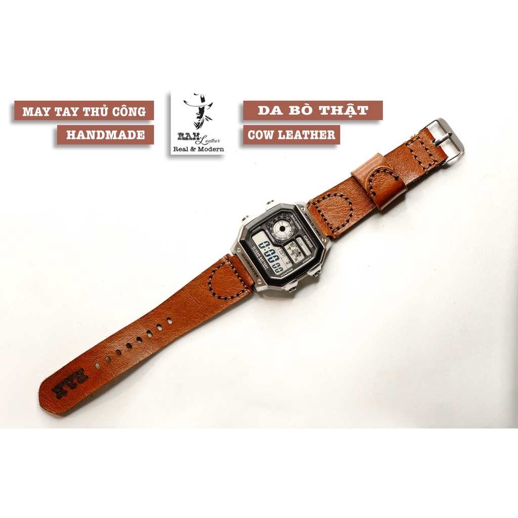 Dây đồng hồ RAM Leather da bò vachetta RAM Leather Simple cho CASIO 1200, AE 1200, 1300, 1100, A159 , A168 , Size 18