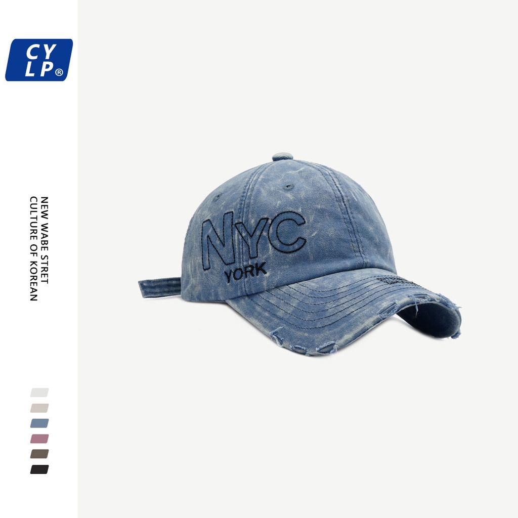 Ins Influencer Mũ Lưỡi Trai Thêu Chữ NYC Nhuộm Màu Phong Cách Retro Hàn Quốc Cho Nữ