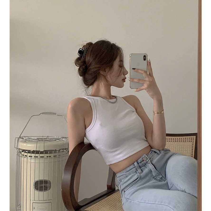 QKOOLE Áo croptop  dệt kim cổ tròn co giãn tốt phong cách Hàn Quốc thời trang