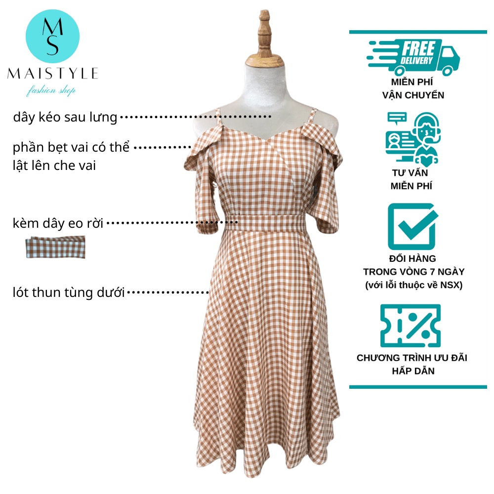 Đầm caro MAISTYLE Váy caro 2 dây tiểu thư trễ vai xinh đầm hai dây bánh bèo dáng dài đẹp xòe đi chơi tết dễ thương | BigBuy360 - bigbuy360.vn