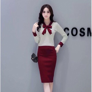 Set váy len cổ nơ