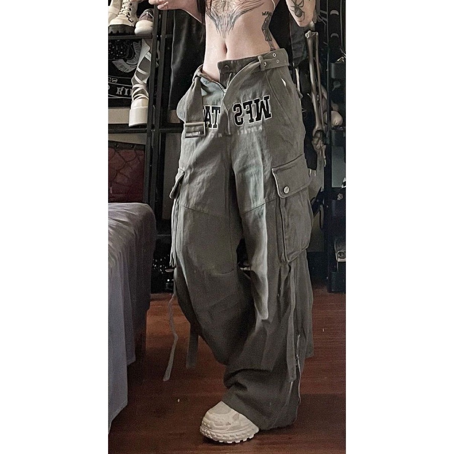 Quần Yếm Dài Ống Rộng Thêu Chữ Màu Xám Thời Trang Mùa Thu Cho Nữ