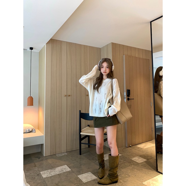 Áo sweater Dệt Kim Tay Dài Cổ Tròn Màu Sắc Đơn Giản Phong Cách Hàn Quốc Cho Nữ