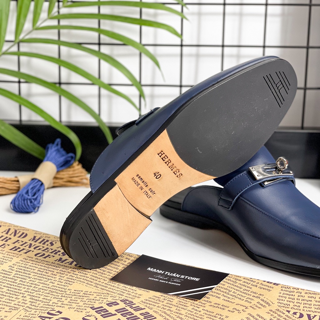 Sục nam cao cấp - Giày mules Hermes nam Da bò nguyên miếng, đế gỗ sồi cùng quai kim loại cực kì sang trọng SN11