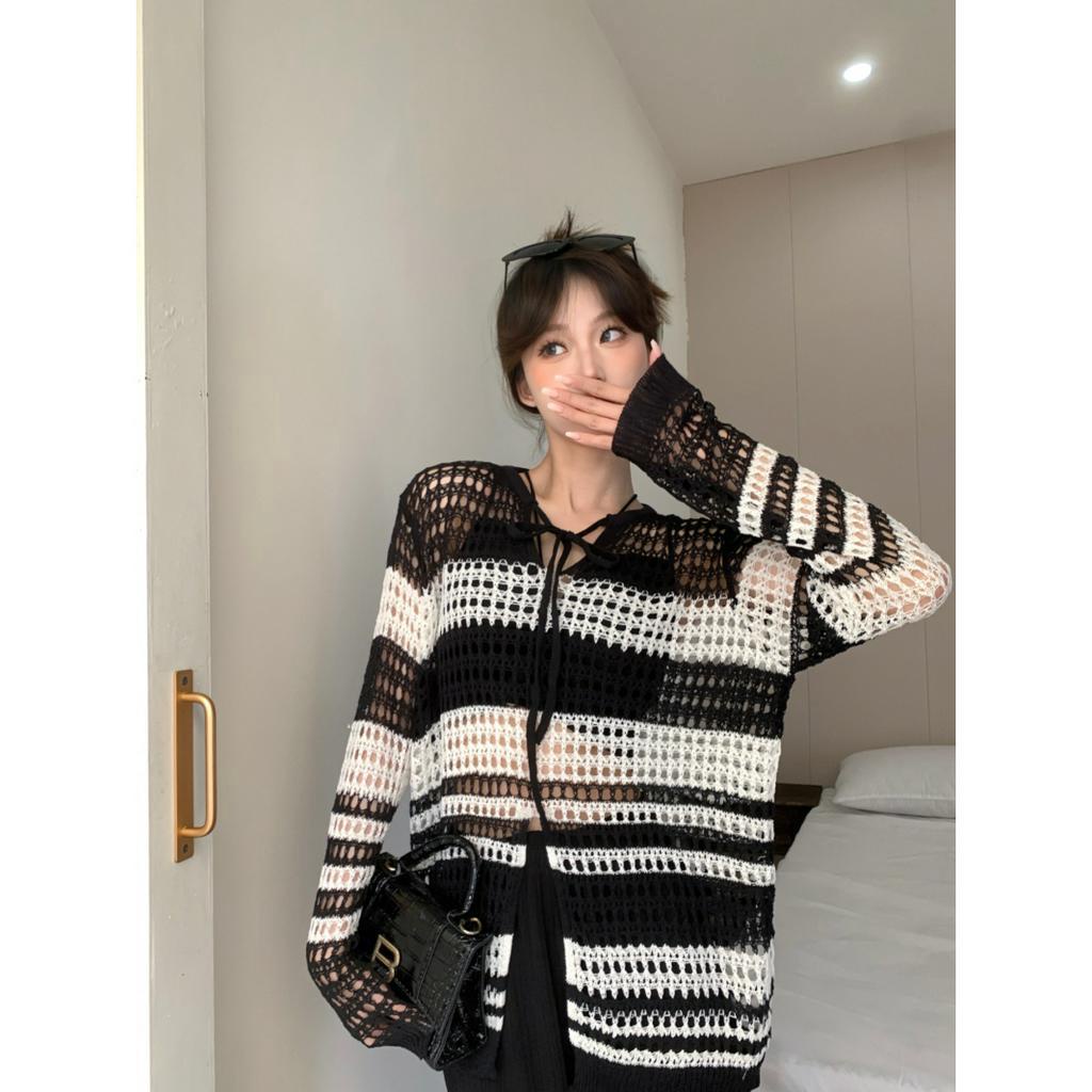 Áo Dệt Kim Tay Dài Dáng Rộng Họa Tiết Kẻ Sọc Thời Trang Cho Nữ