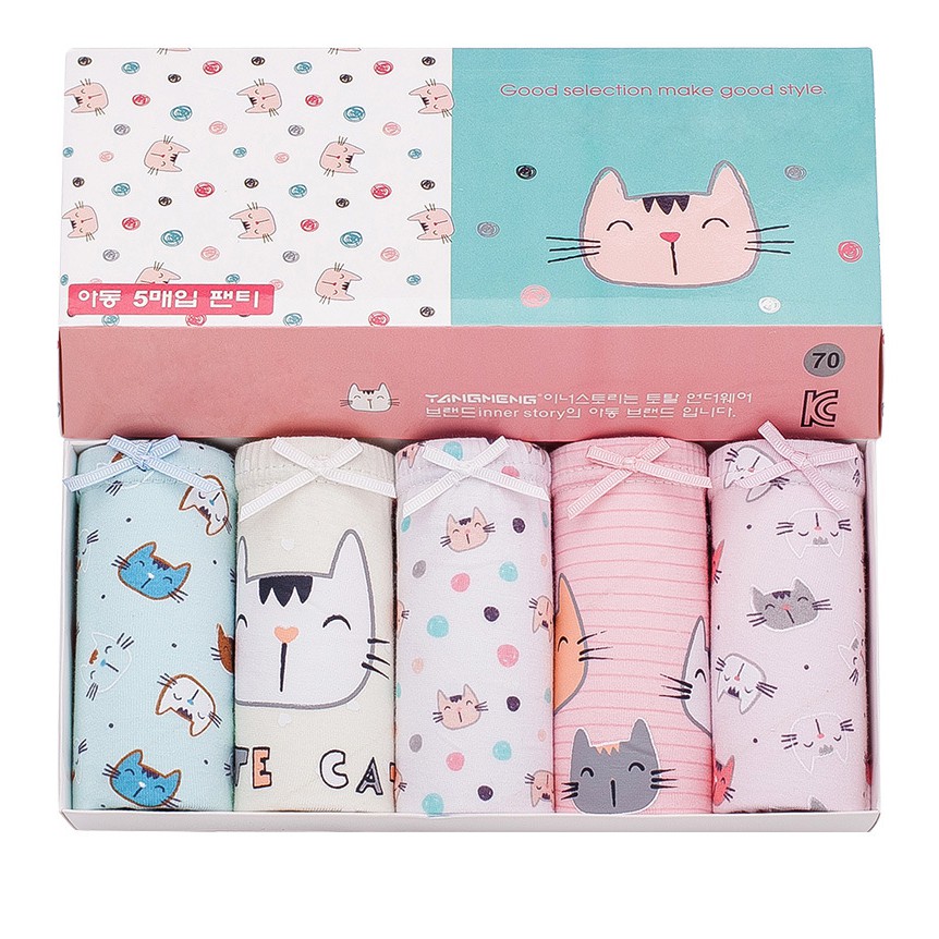 Set 5 quần lót bé gái Hàn Quốc 100% vải cotton thoáng mát, an toàn cho sức khỏe của bé mẫu Mèo TangMeng