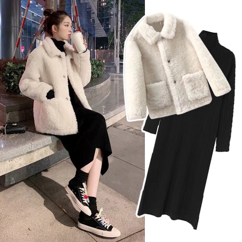 Áo khoác lông cừu cổ bẻ kèm váy body tăm len mặc trong, Set váy đen cổ cao mix áo lông trắng túi hộp, LAMASS
