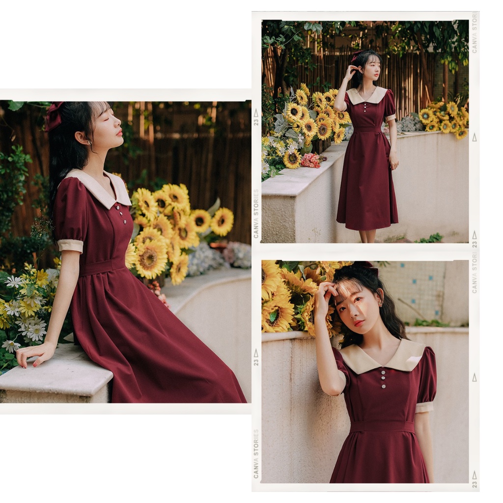 Đầm dài qua gối dự tiệc phong cách tiểu thư Q003H HANYCLOTHINGS màu đỏ
