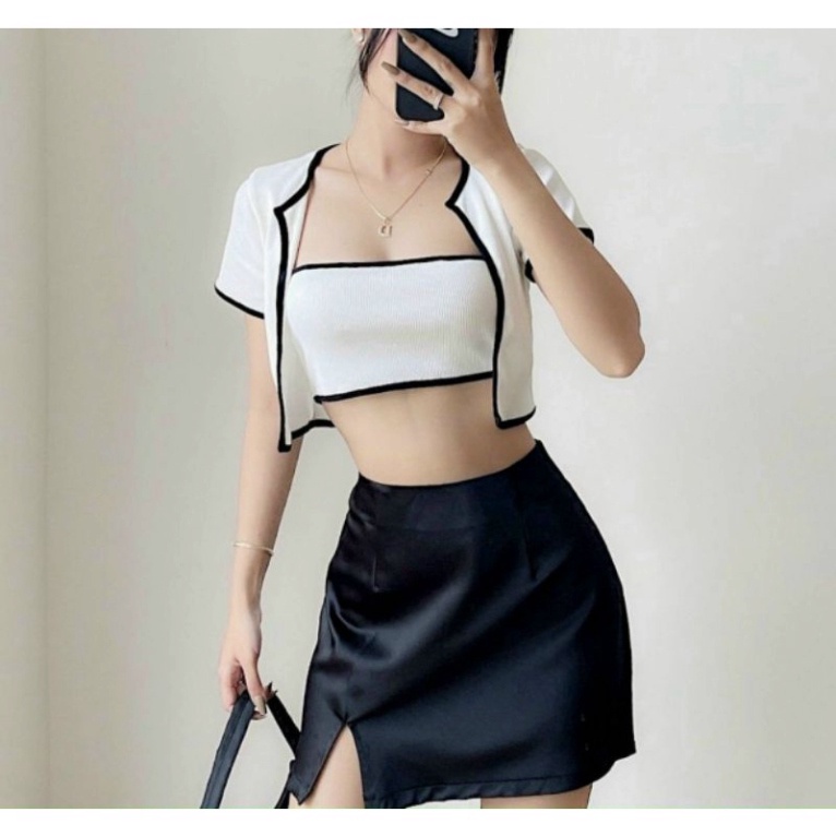 Set áo thun croptop kèm quây ngực Bộ croptop nữ đi viền mix áo ống lót trong phong cách Hàn Quốc