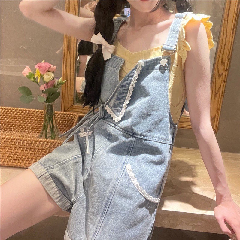 [Hàng Có Sẵn Bán Chạy] Quần Yếm Denim Ống Rộng Lưng Cao Phối Ren Hợp Thời Trang Mùa Hè Cho Nữ Sinh