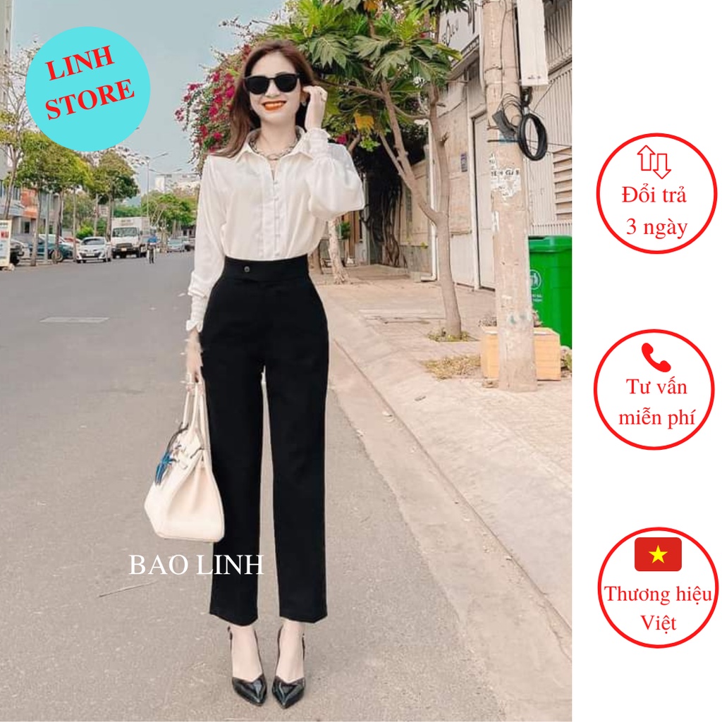 Quần Vải Nữ Cạp Cao Baggy Công Sở Phối Khuy Lệch Chất Liệu Tuyết Mưa Hãng Vitex