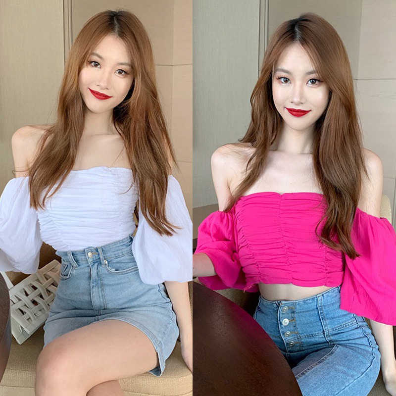 Áo Croptop Trễ Vai Tay Ngắn Dáng Ôm Màu Sắc Trơn Phong Cách Hàn Quốc Thời Trang Cho Nữ