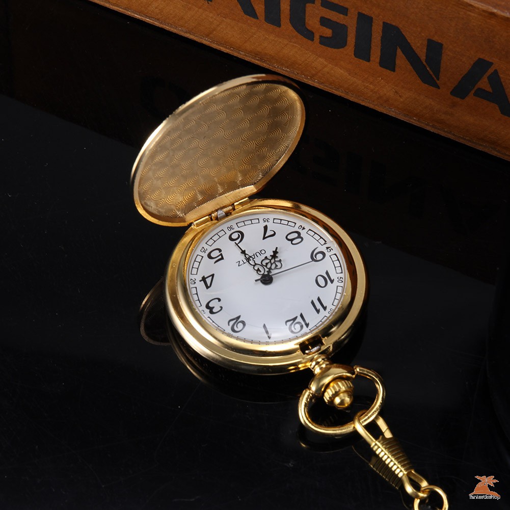 #Đồng hồ bỏ túi# 1pc Men Women Quartz Pocket Watch Golden Carved Pattern Case with Chain