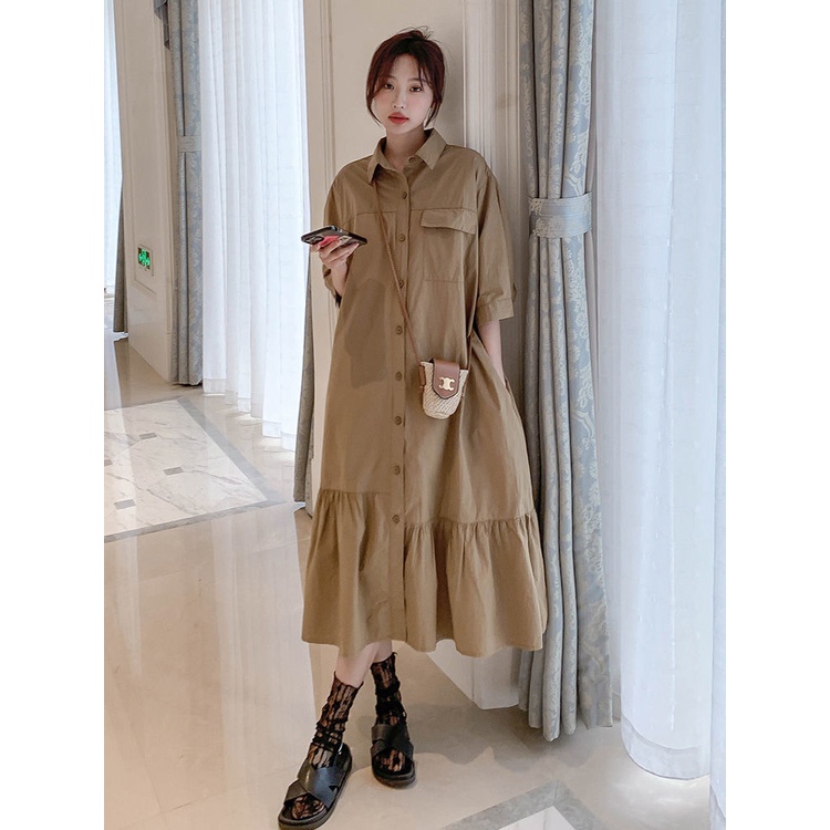 Đầm Sơ Mi Khaki Cao Cấp Phong Cách Retro Mùa Hè 300 Jin Fat Size Lớn Cho Nữ