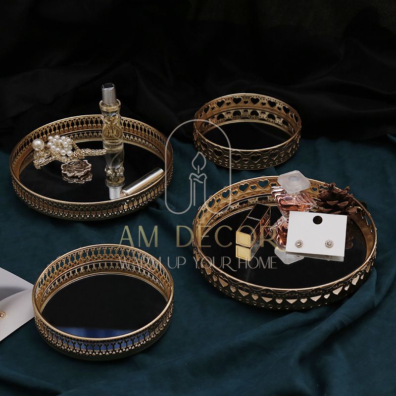 Khay sắt vàng gương đựng đồ trang sức, mỹ phẩm Bắc Âu đạo cụ chụp ảnh decor trang trí bàn phấn sang trọng - AM Decor