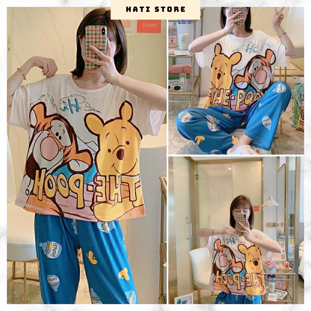 Set đồ bộ nữ hình hoạt hình dễ thương, Set quần dài ống rộng áo thun mặc nhà NA50