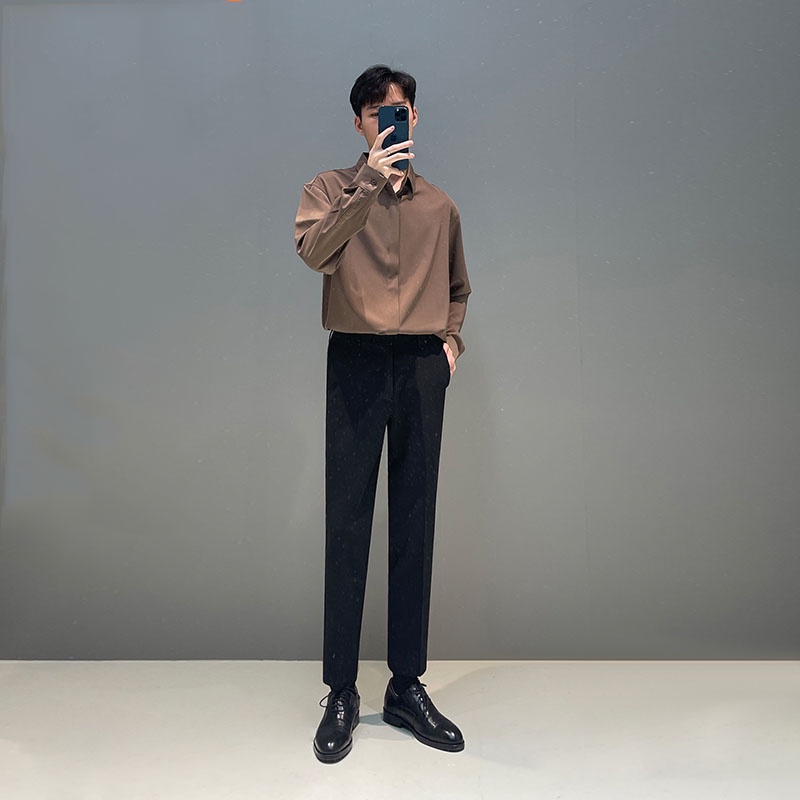 Áo sơ mi nam màu xanh lá from rộng cao cấp , vải lụa không nhăn , dáng Hàn Quốc nhiều màu trắng , màu nâu xu hướng