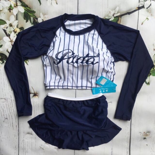 BIkini bộ bơi dài tay năng động, họa tiết sọc thời trang