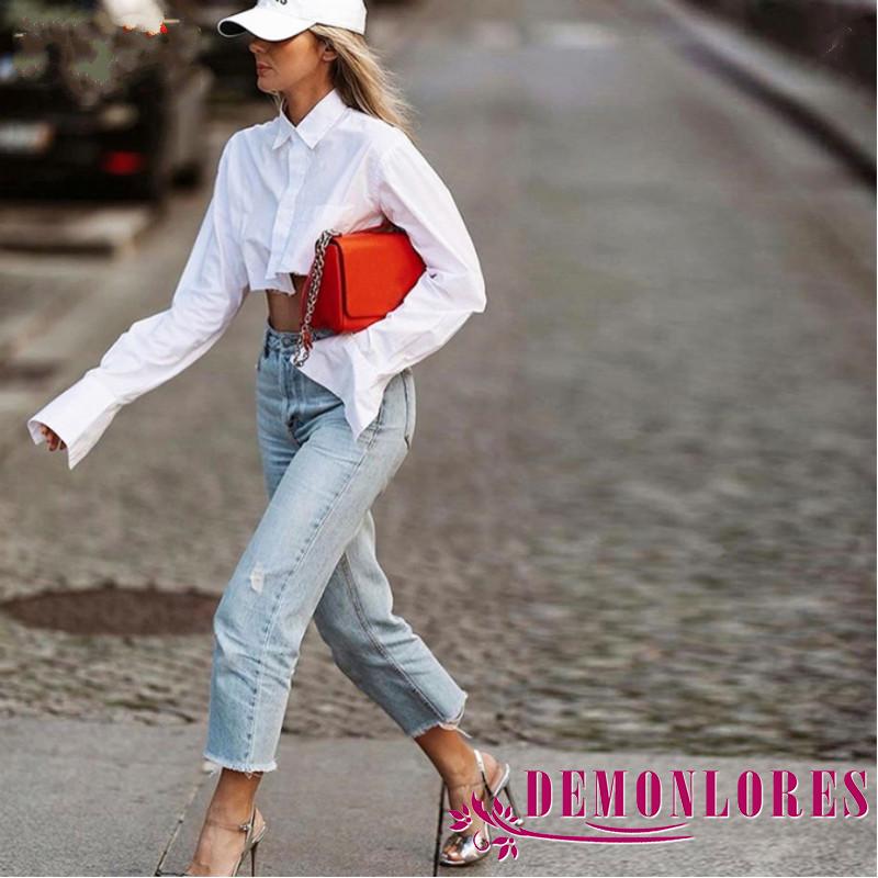 Áo sơ mi croptop hở rốn cổ bẻ thiết kế bất đối xứng màu trơn thời trang mùa xuân dành cho nữ