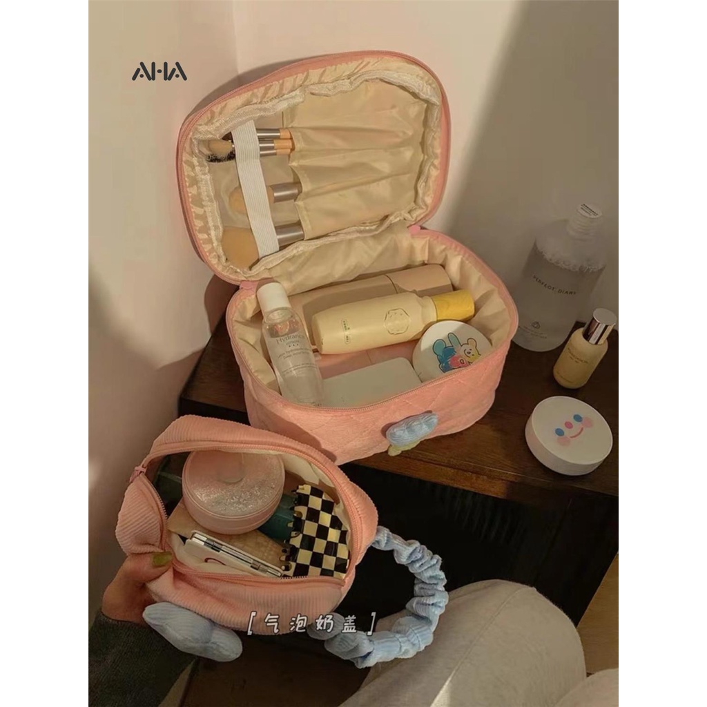 Túi nhung AHA OFFICIAL đựng mỹ phẩm sức chứa lớn họa tiết hoa dễ thương cao cấp