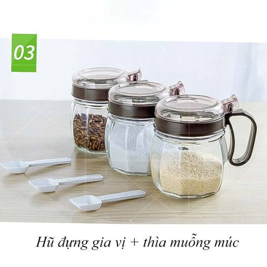 ComBo 5 Hũ Đựng Gia Vị Thủy Tinh. Set Bộ 5 Hũ Gồm 2 Bình Rót Và 3 Hũ Đựng Chất Lỏng. Hũ gia vị có muỗng