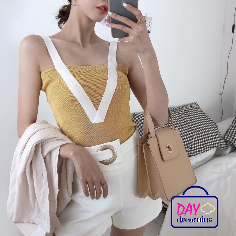 Áo dệt kim nữ cộc tay phối màu thời trang