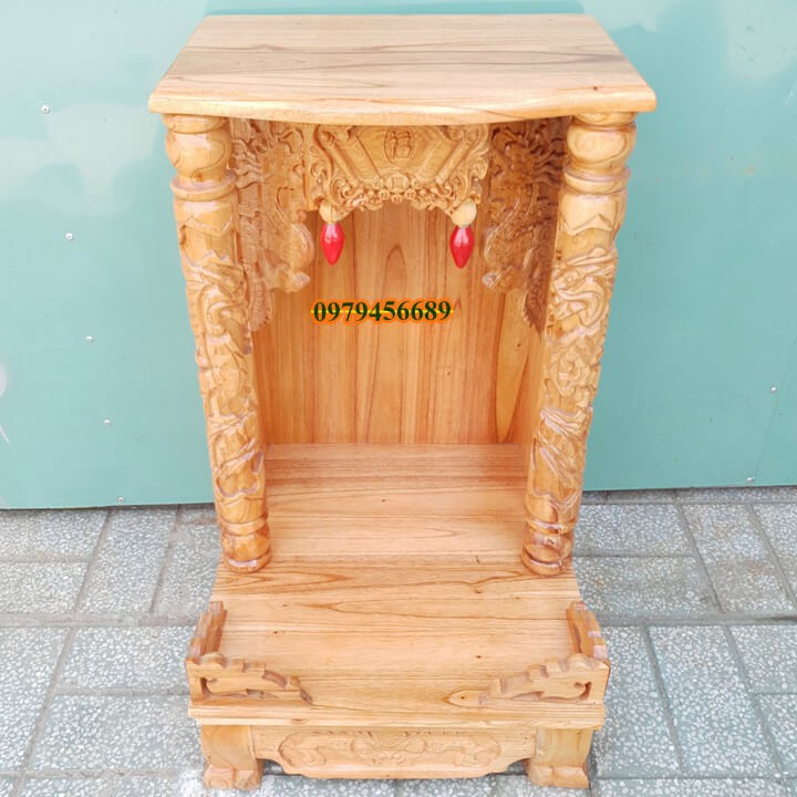 Bàn thờ thần tài ông địa gỗ xoan ngang 42cm quỳ trụ
