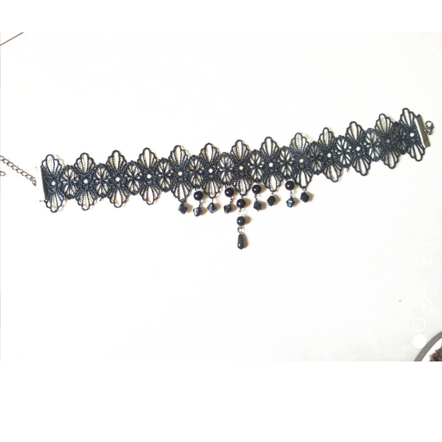 Vòng cổ dây chuyền choker nữ vải ren hoa 4 cánh đính chuỗi ngọc trai nhân tạo phong cách hàn quốc cá tính
