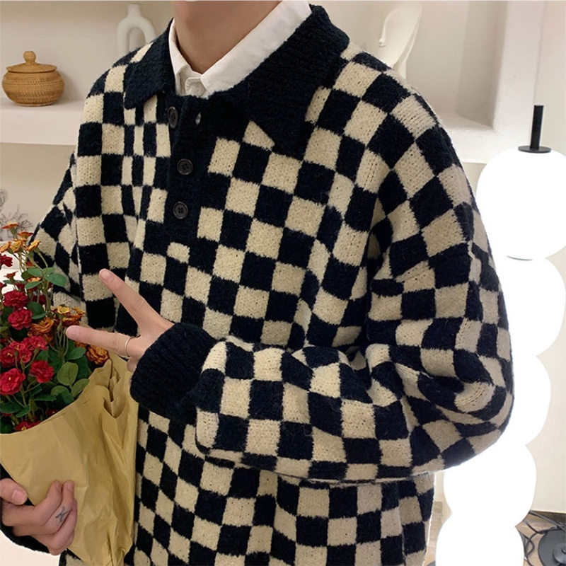 Áo len cổ polo tay dài họa tiết caro phong cách Hàn Quốc thời trang cho nam