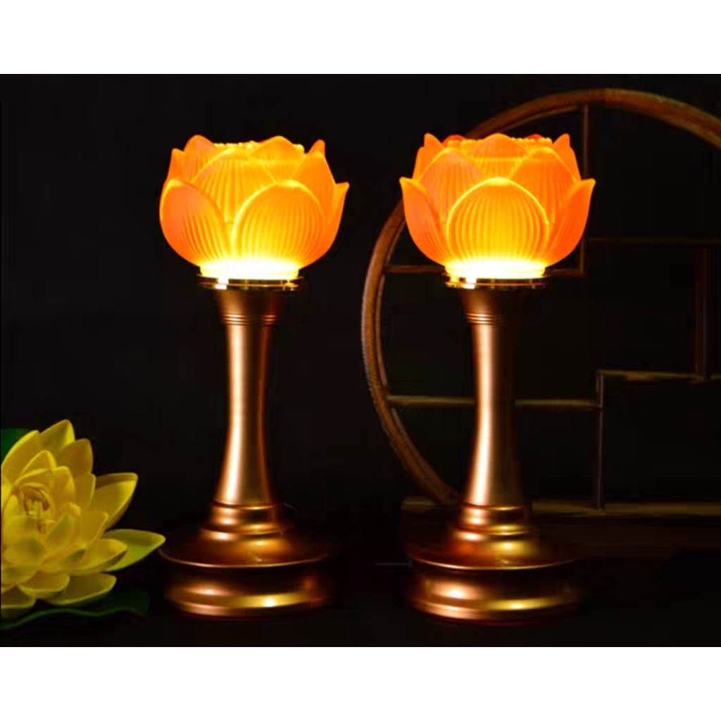 Đôi đèn lưu ly hoa sen chân hợp kim đồng cao cấp 16cm