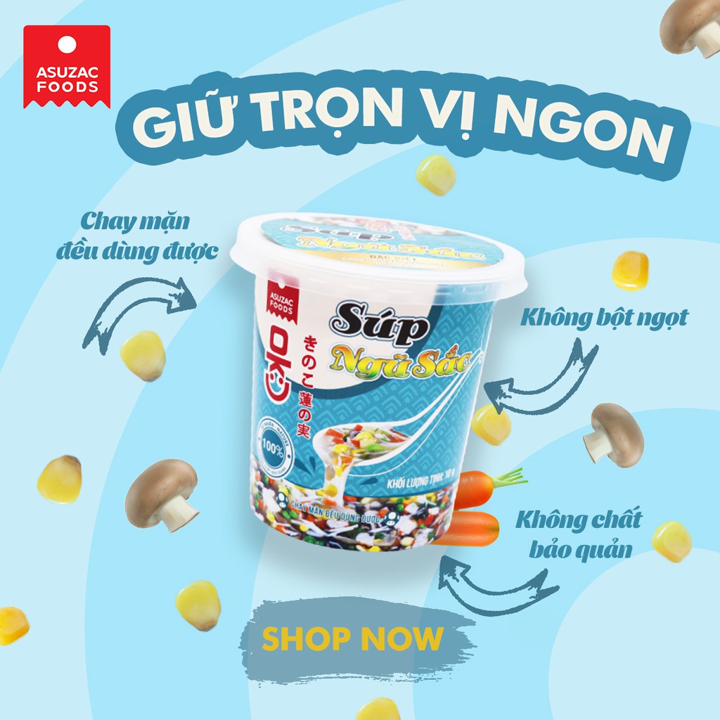 Súp Ngũ Sắc Asuzac Ăn Liền Ly (10g) Ăn Chay Được, Ngọt Thơm Tự Nhiên, Hạt Sen, Đậu Hòa Lan, Cà Rốt, Nấm Đông Cô, Bắp