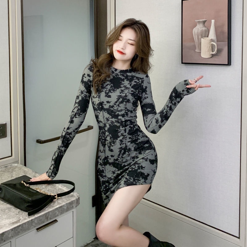 COZOK Đầm Tay Dài Dáng Ôm Thiết Kế Lệch Tà Cá Tính