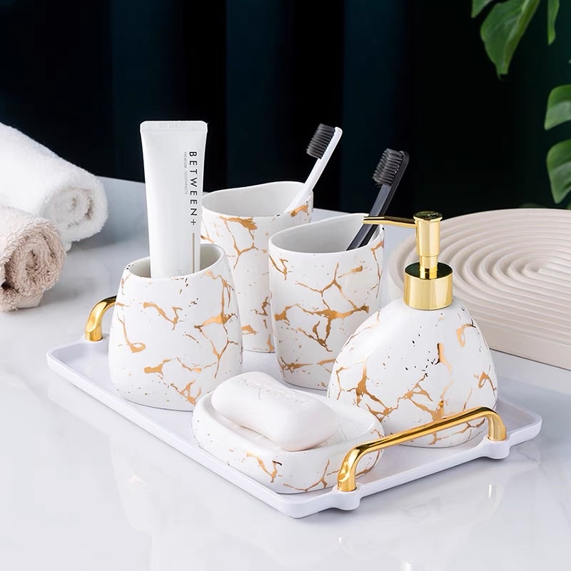 Bộ cốc sứ dùng cho phòng tắm, cốc đánh răng, lọ đựng kèm khay