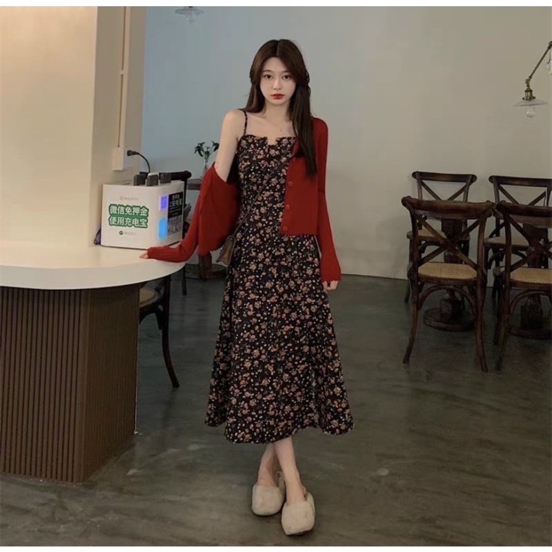 Set áo khoác đỏ cardigan kèm váy 2s hoa nhí