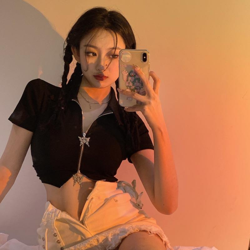 Áo Croptop Tay Ngắn Dáng Ôm Có Khóa Kéo Màu Đen Thời Trang Mùa Hè Quyến Rũ Cho Nữ