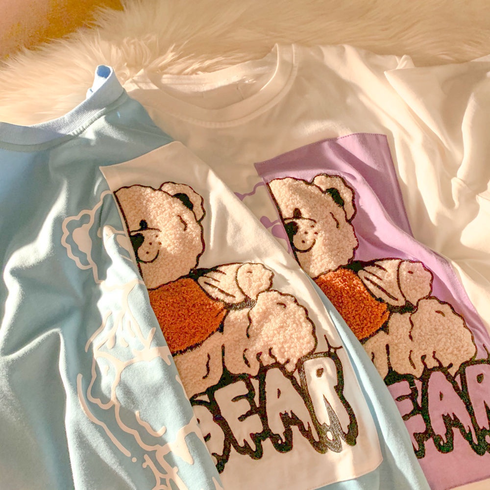 Áo Thun Cotton Dáng Rộng Tay Ngắn In Hình Gấu Dễ Thương Thời Trang Mùa Hè Cho Nữ 2022