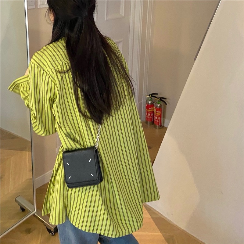 Áo somi màu xanh lá chuối pastel kẻ sọc tay dài dáng thụng oversize hàng cúc chéo phá cách hàn quốc ngầu sơ mi vintage