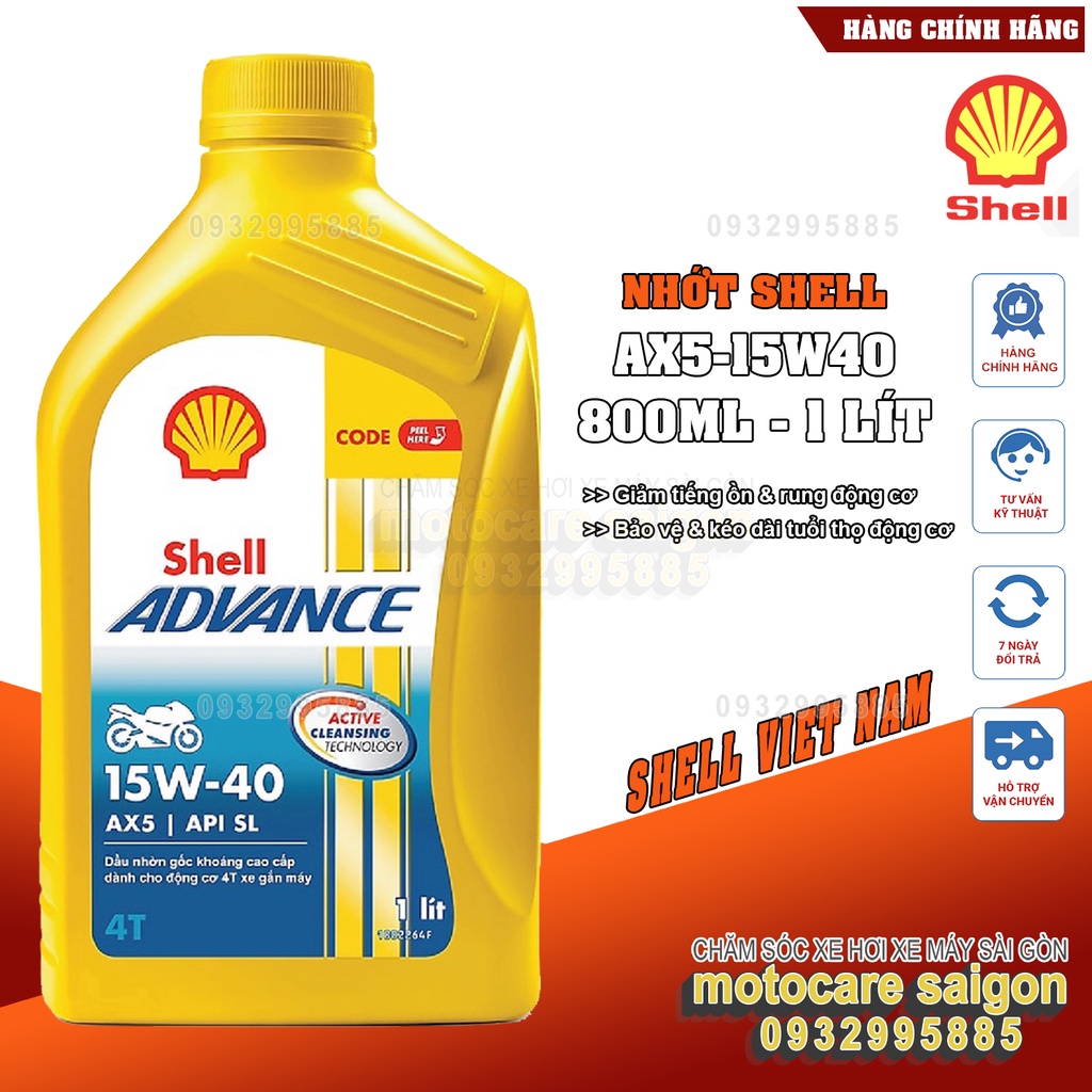Nhớt Shell Advance 15w-40 AX5/ API SL dầu nhờn gốc khoáng cao cấp cho động cơ 4T xe gắn máy, an toàn cho người sử dụng