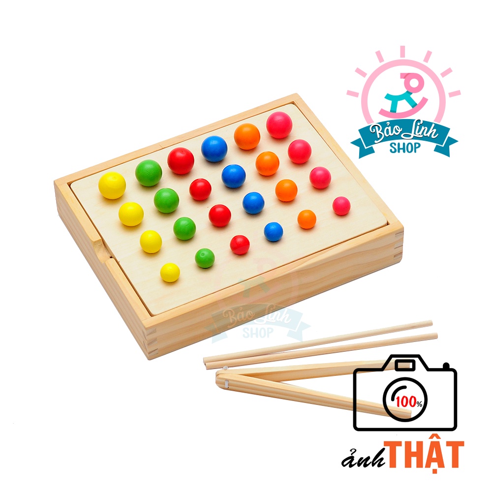 Giáo cụ Montessori 0-3 - Gắp bi gỗ cho bé tập gắp, phân loại màu sắc, to nhỏ