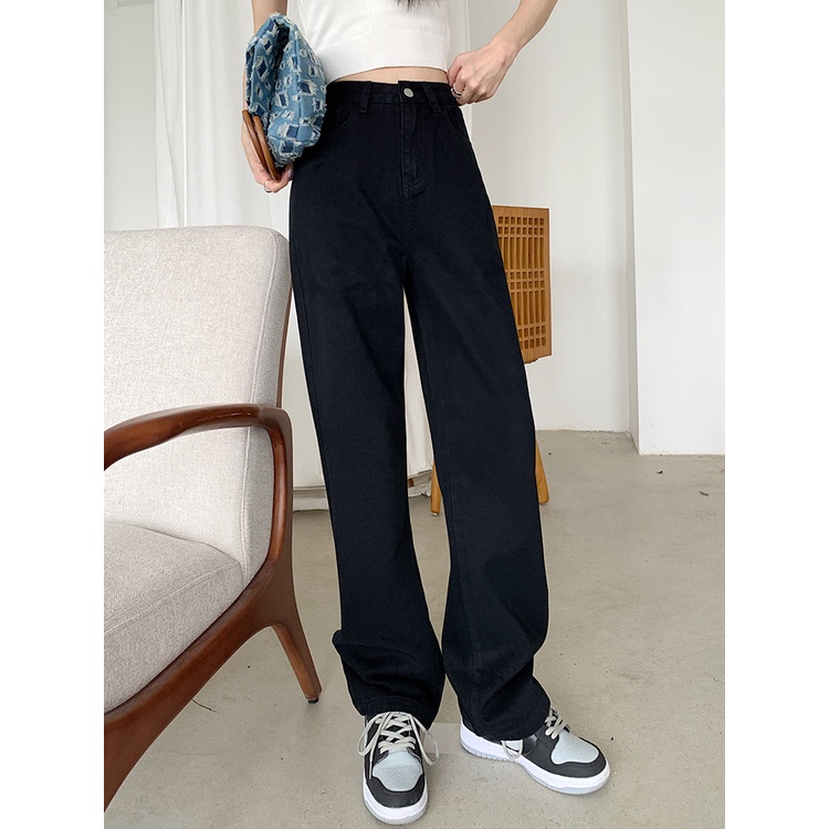 Quần jeans ống rộng chất bò dáng suông màu đen,jeans cạp cao phong cách Hàn Quốc sành điệu-MAI THỎ SHOP