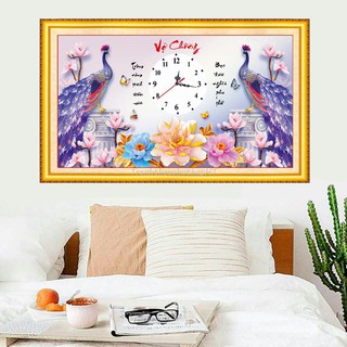 Tranh thêu đồng hồ Vợ Chồng Công Tím 3D LV3167 (66x35) chưa thêu