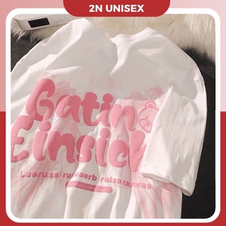 Áo phông nam nữ form rộng 2N Unisex thun cotton in nổi Gatin màu trắng hồng