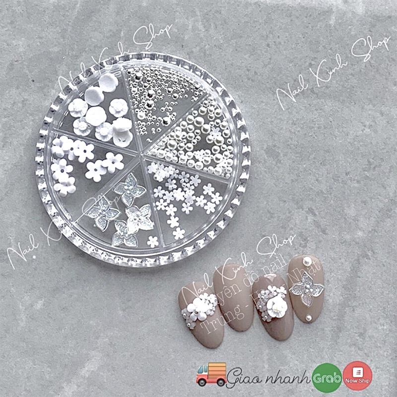 [Mới] Khay tròn trang trí móng - set nail charm hoa