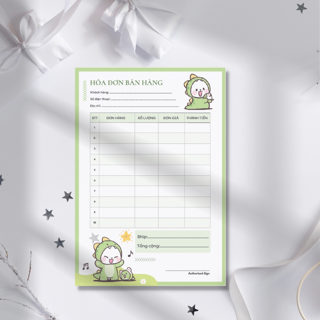 Tập 50 tờ, hóa đơn bán hàng, Hoá đơn bán lẻ giấy photo hoạt ảnh cực cute size 21x14.5cm
