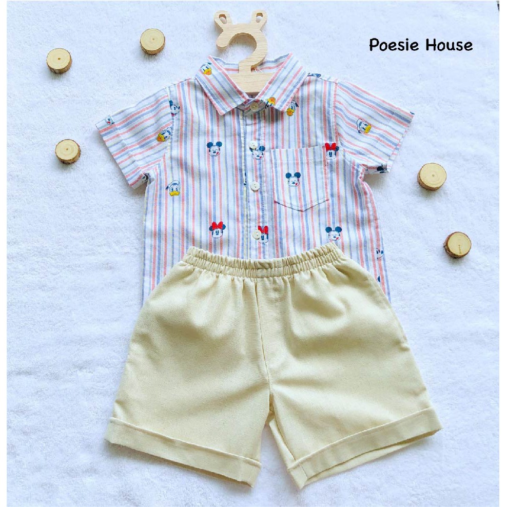 Set quần áo Mickey in Rainbow Poesie House dành cho bé trai từ 1-4 tuổi, may thủ công, 100% cotton, linen