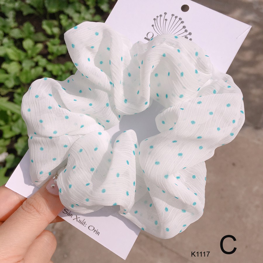 Buộc tóc, cột tóc vải scrunchies chiffon chấm bi siêu đẹp Orin K1117
