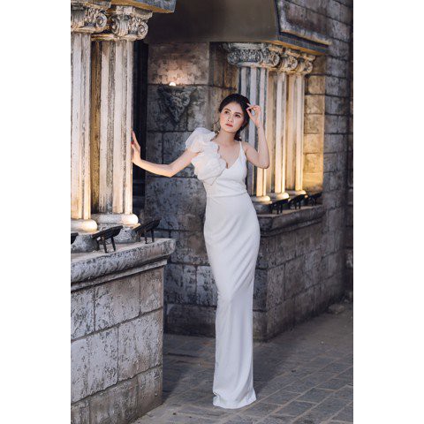 Đầm dạ hội Mia Selena hai dây voan 1 bên thiết kế trẻ trung (Trắng)