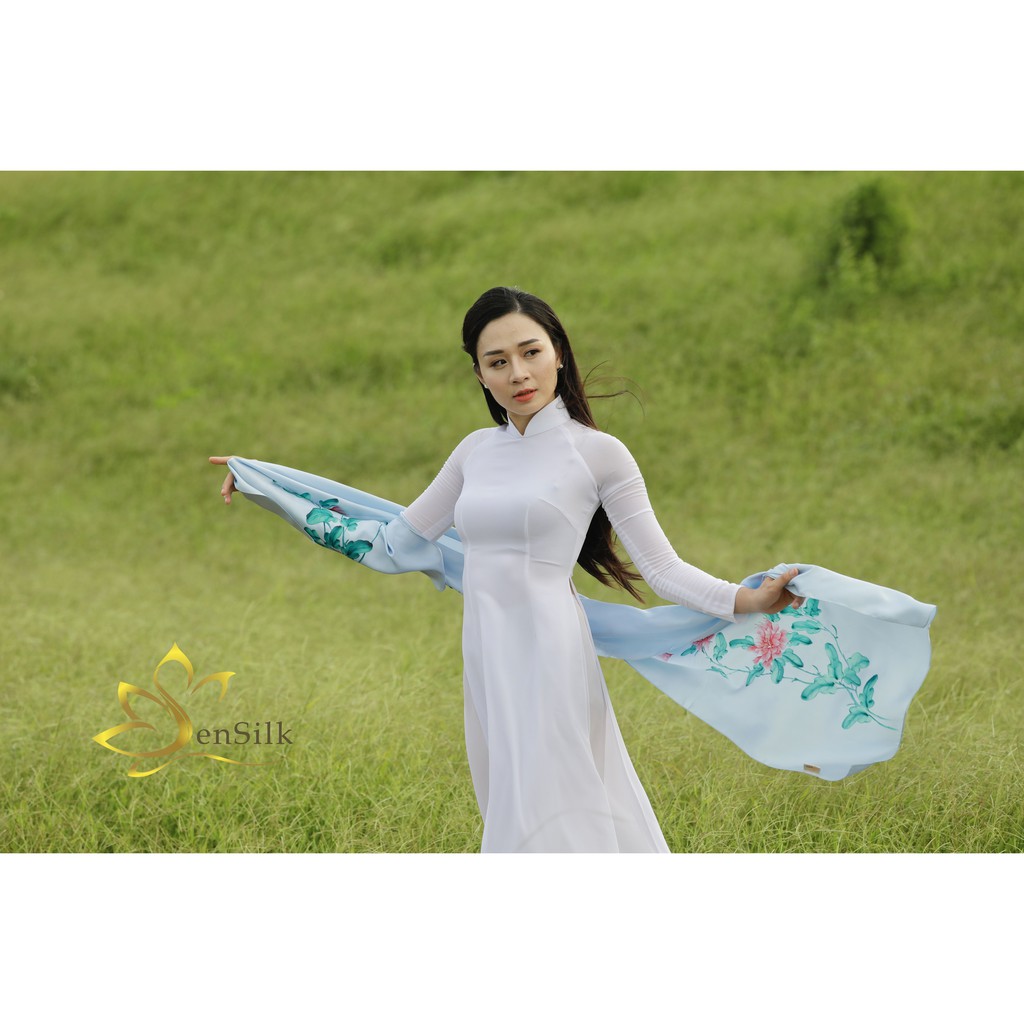 Khăn Lụa Thời Trang Vẽ Tay Hoa Mẫu Đơn SenSilk 180x55cm, Khăn Quấn Cổ Cao Cấp bằng Lụa, Silk Hand Painting Scarf